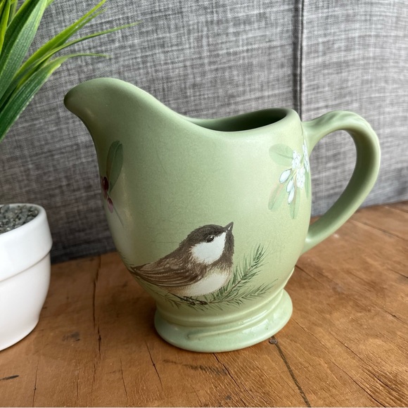 Pfaltzgraff Winterwood Pitcher Green with Birds Chickadees and Berries stoneware - Picture 2 of 5
